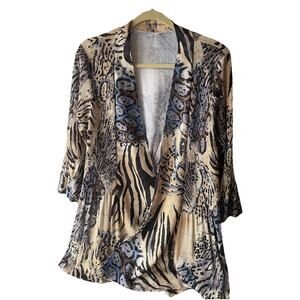 LINDI Women’s Mesh Cardigan Large Animal Mixed Media Bell Sleeve Art to Wear